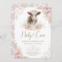 Invitación Holy Cow Boho Pink Pampas Cow Baby Girl Cumpleaños
