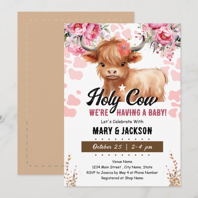 Invitación Holy Cow Floral Baby Shower (Anverso / Reverso)
