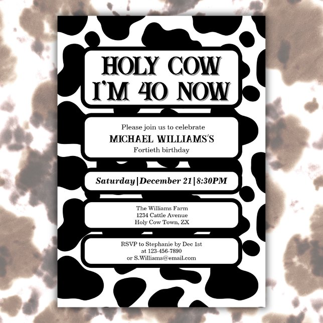 Invitación Holy Cow Funny Black White 40th Birthday (Subido por el creador)