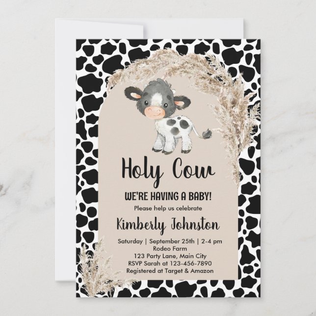 Invitación Holy Cow género neutro boho baby ducha granja (Anverso)