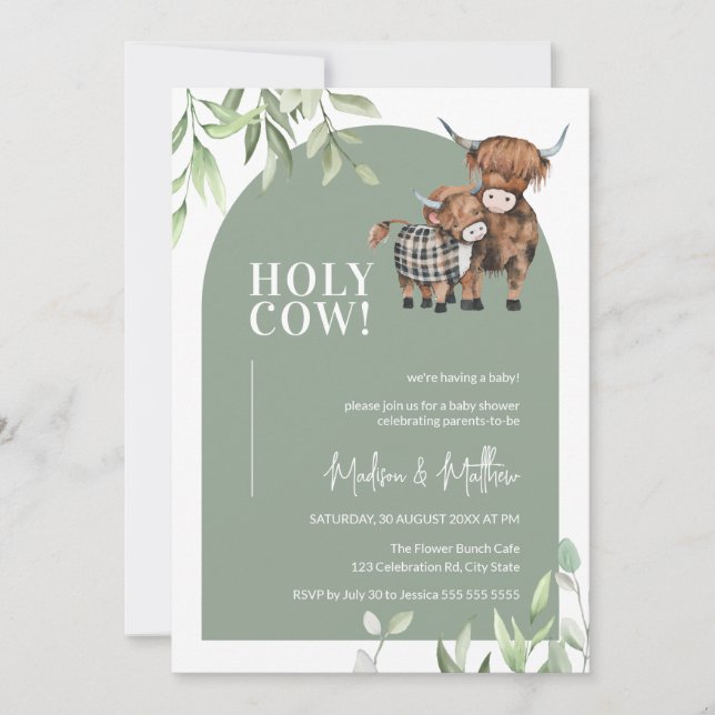 Invitación Holy Cow Greenery Arch Farm Highland Baby Shower (Anverso)