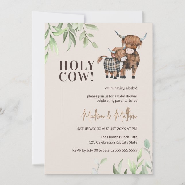 Invitación Holy Cow Greenery Rustic Farm Baby Shower (Anverso)