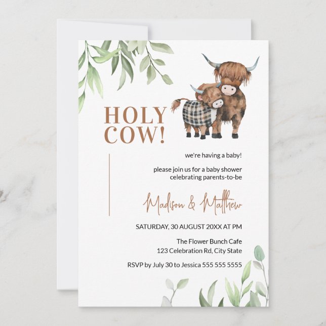 Invitación Holy Cow Greenery Rustic Farm Baby Shower (Anverso)