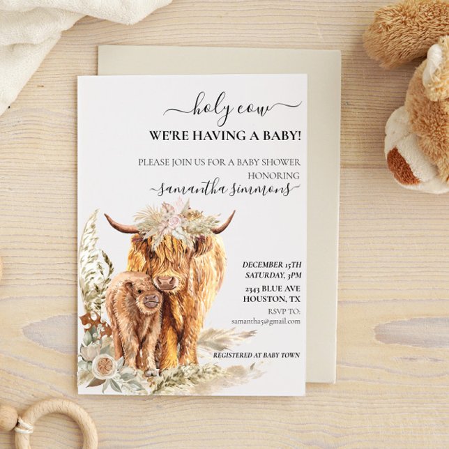 Invitación Holy Cow Highland Calf Baby Shower Boho Pampas (Subido por el creador)