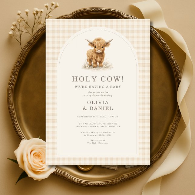 Invitación Holy Cow Highland Cow Gingham Baby Shower (Subido por el creador)