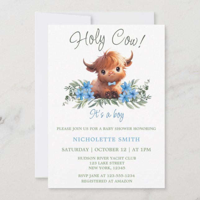 INVITACIÓN HOLY COW HIGHLAND MODERNO BLUE BABY SHOWER (Anverso)