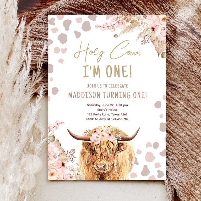 Invitación Holy Cow Highland Pampas Boho Primer cumpleaños (Subido por el creador)