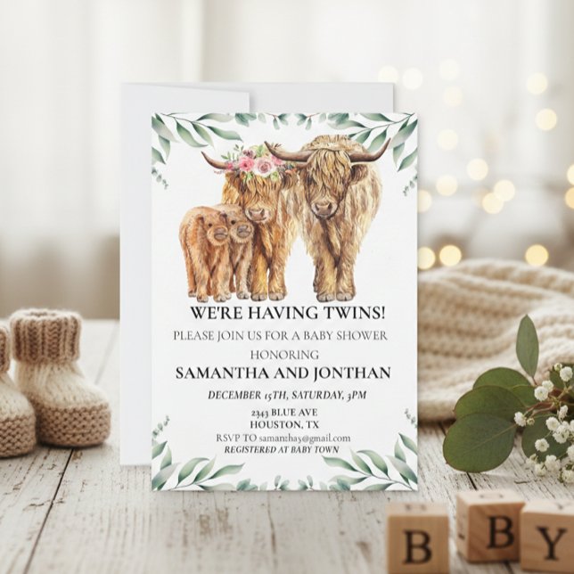 Invitación Holy Cow Highland Twin Baby Shower Eucalyptus (Subido por el creador)