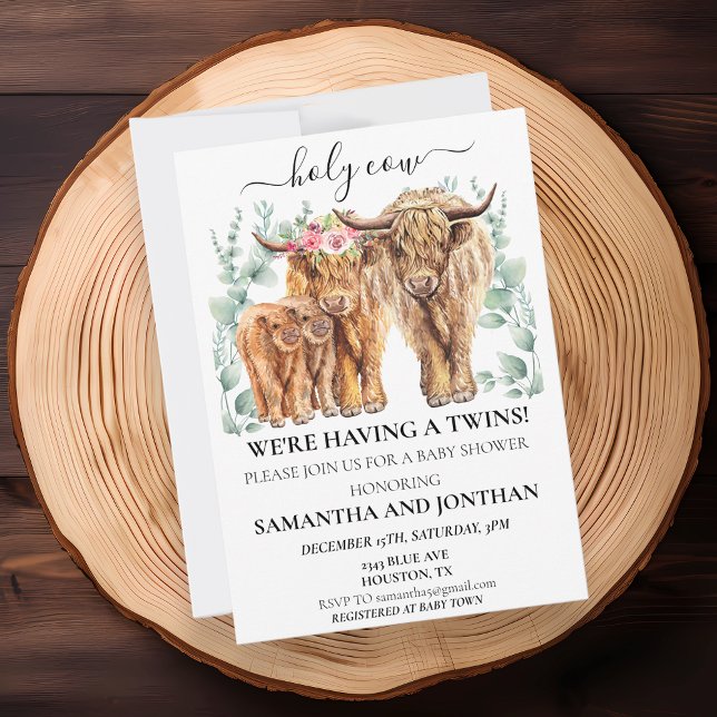 Invitación Holy Cow Highland Twin Baby Shower Eucalyptus (Subido por el creador)