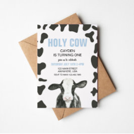 Invitación Holy Cow I'm One blue Plaid Birthday Invitation
