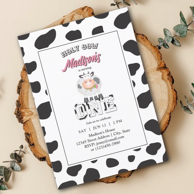 Invitación Holy Cow I'm One Cow Print Farm Farm Birthday Phot (Subido por el creador)