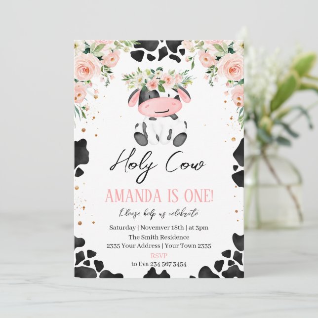 Invitación Holy Cow I'm One. Little Cow. Floral Birthday (Anverso de pie)