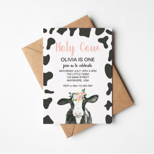 Invitación Holy Cow I'm One Pink Gingham floral Birthday