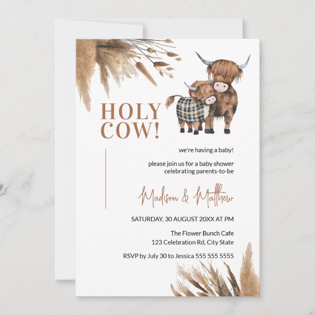 Invitación Holy Cow Pampas Rustic Farm Baby Shower (Anverso)