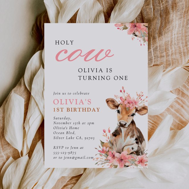 Invitación Holy Cow Pink 1st Birthday Party (Subido por el creador)