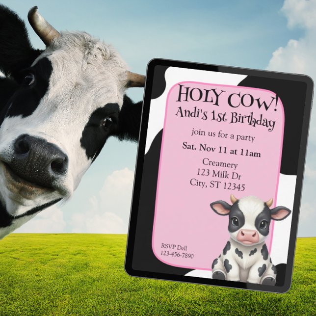 Invitación Holy Cow, pink, cow 1st Birthday (Subido por el creador)