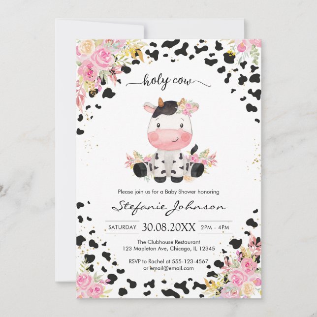 Invitación Holy Cow Pink Floral Cowgirl Baby Shower (Anverso)