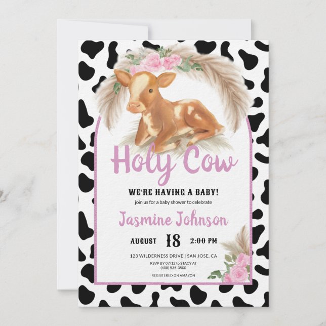 Invitación Holy Cow Rustic Floral Floral Pampas Baby Shower (Anverso)