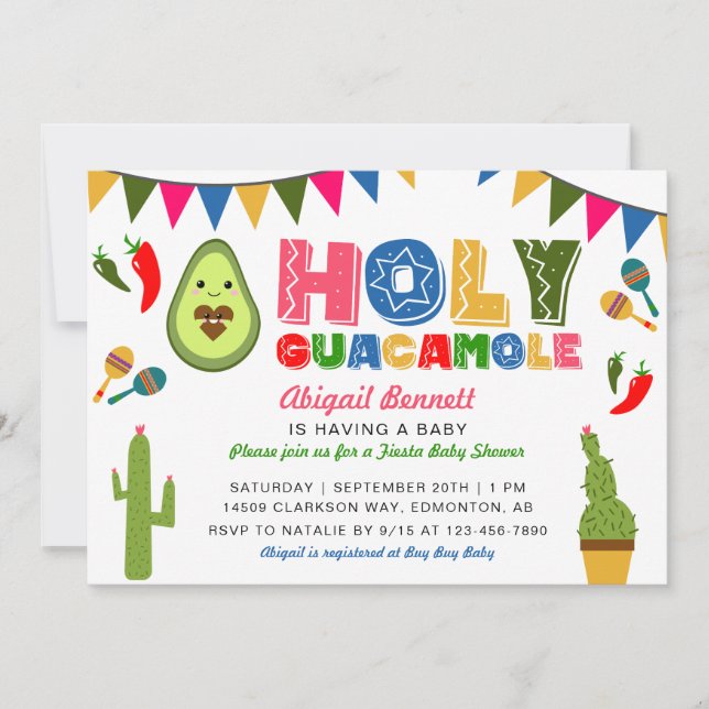 Invitación Holy Guacamole Fiesta Baby Shower Kawaii Aguacado (Anverso)