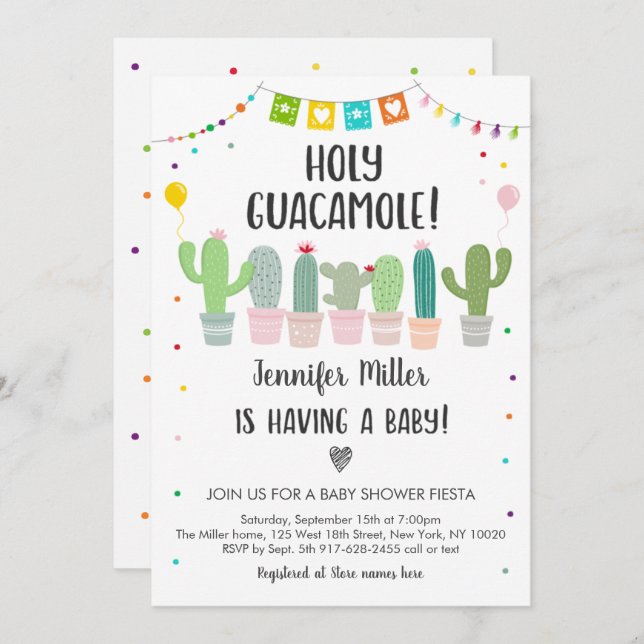 Invitación Holy Guacamole Fiesta Cactus Baby Shower (Anverso / Reverso)