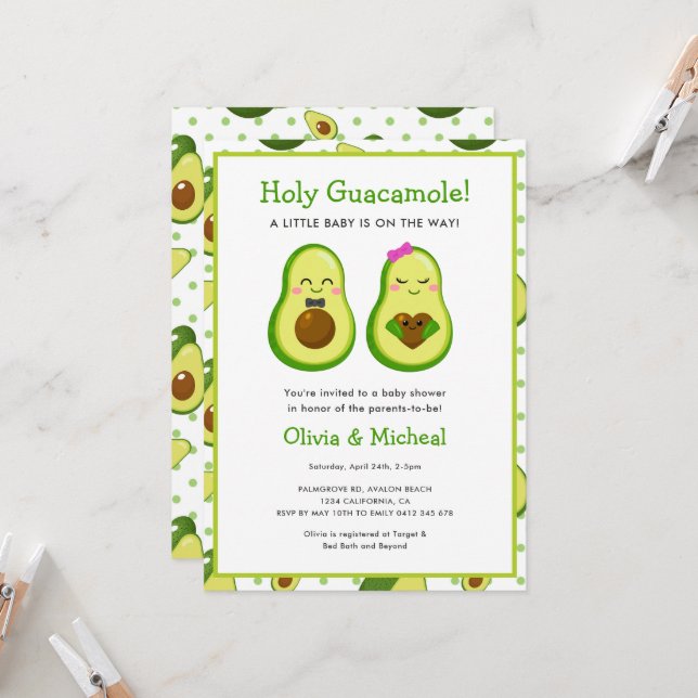 Invitación Holy Guacamole Kawaii Aguacado Baby Shower (Anverso/Reverso In Situ)