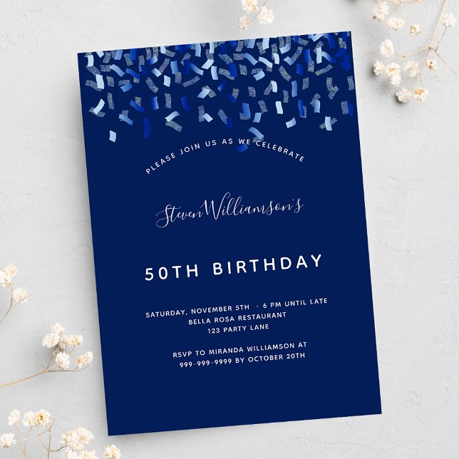 Invitación Hombre de confeti azul marino de cumpleaños (Subido por el creador)