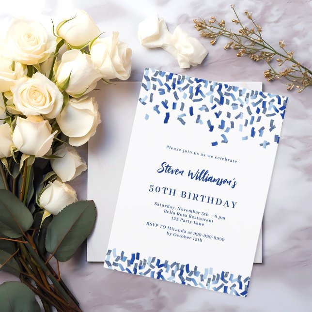 Invitación Hombre de confeti blanco azul marino de cumpleaños (Subido por el creador)