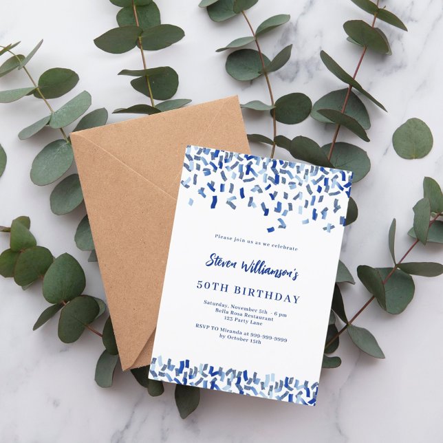 Invitación Hombre de confiti blanco azul marino de cumpleaños (Subido por el creador)