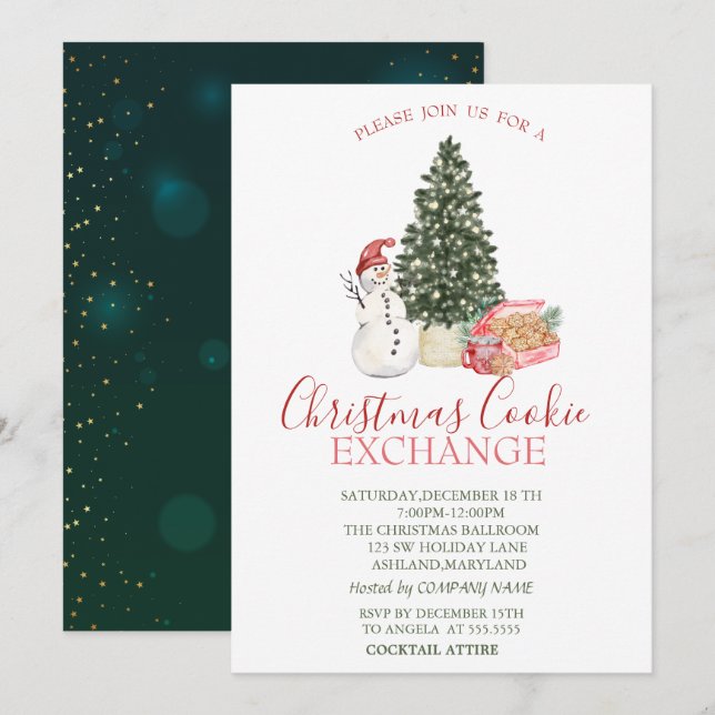Invitación Hombre de nieve, árbol de pinos, cookies (Anverso / Reverso)