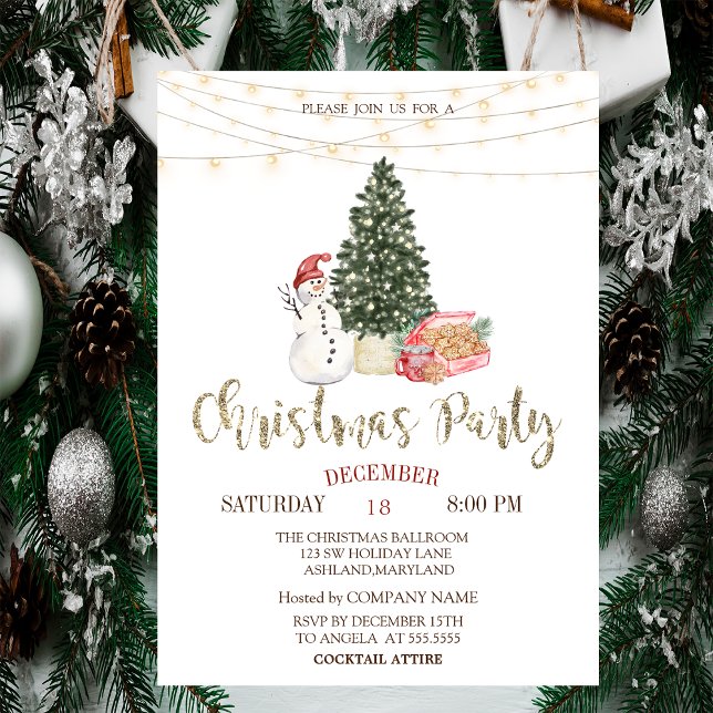 Invitación Hombre de nieve, árbol de pinos, Fiesta de Navidad (Subido por el creador)