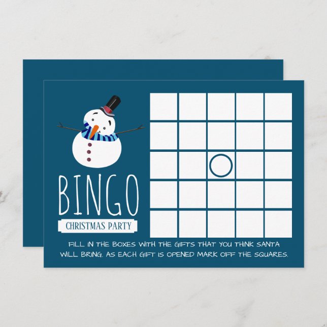 Invitación Hombre de nieve azul, Fiesta Navidad Bingo (Anverso / Reverso)