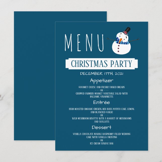 Invitación Hombre de nieve azul, menú Fiesta de Navidades (Anverso / Reverso)