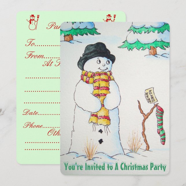 Invitación Hombre de nieve con caldo y nieve en los navidades (Anverso / Reverso)