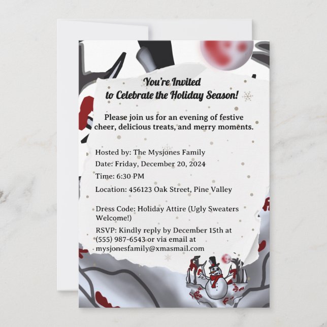 Invitación Hombre de nieve en el bosque navideño (Anverso)