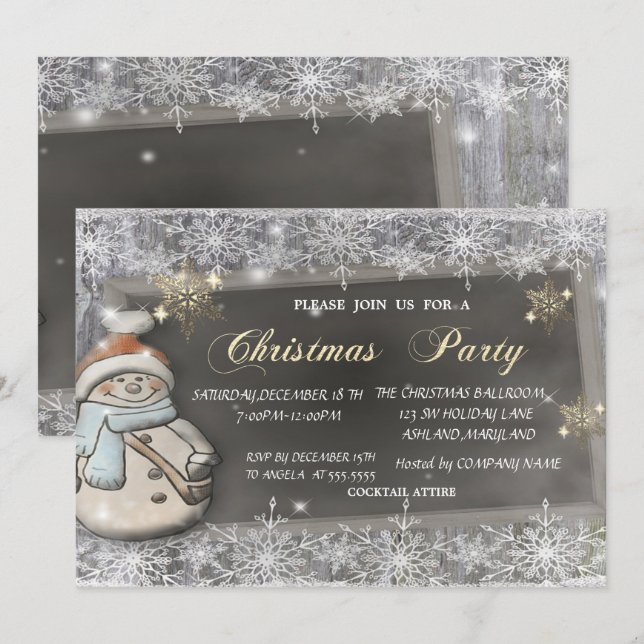Invitación Hombre de nieve, Navidades corporativos de copos d (Anverso / Reverso)