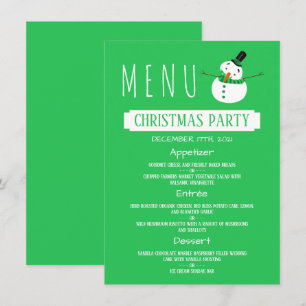 Invitación Hombre de nieve verde, menú Fiesta de Navidades