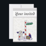 Invitación Hombre de nieve y Polo Norte -<br><div class="desc">El muñeco de nieve está vestido con guantes y botones azules. El muñeco de nieve está parado al lado de un poste blanco y rojo con un cartel verde que dice "Polo Norte". Los regalos están al lado del poste. La nieve blanca está tendida en el suelo. Estas invitaciones son...</div>