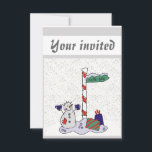 Invitación Hombre de nieve y Polo Norte -<br><div class="desc">El muñeco de nieve está vestido con guantes y botones azules. El muñeco de nieve está parado al lado de un poste blanco y rojo con un cartel verde que dice "Polo Norte". Los regalos están al lado del poste. La nieve blanca está tendida en el suelo. Estas invitaciones son...</div>