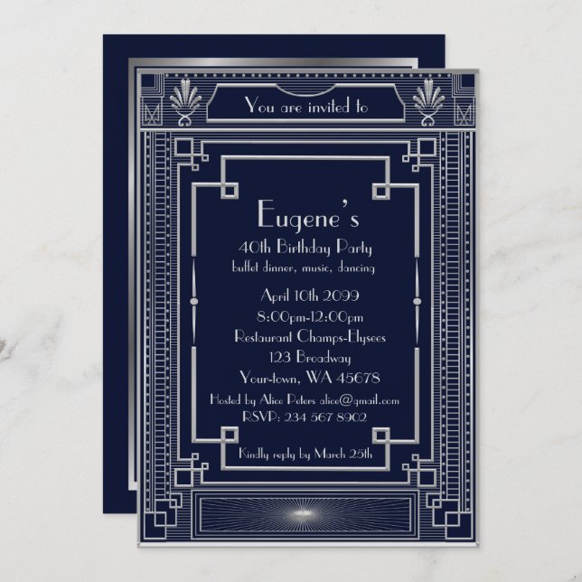 Invitación Hombre del partido de cumpleaños, estilo Gatsby pl (Anverso / Reverso)