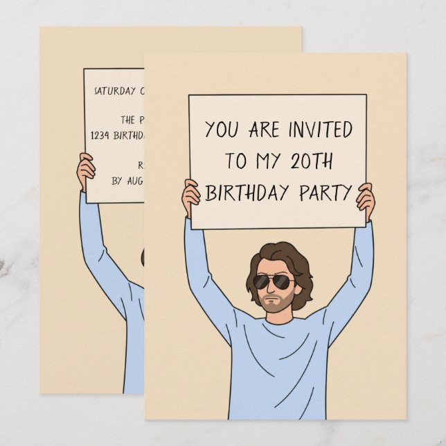 Invitación Hombre Divertido con Letrero Cumpleaños 20 (Anverso / Reverso)