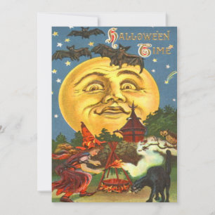 Invitación Hombre En La Luna Bruja Negro Gato Estrellas