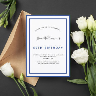 Invitación Hombre minimalista blanco azul marino de cumpleaño