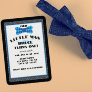 Invitación Hombre Pequeño, Corbata de Lazo Azul Negro Cumplea