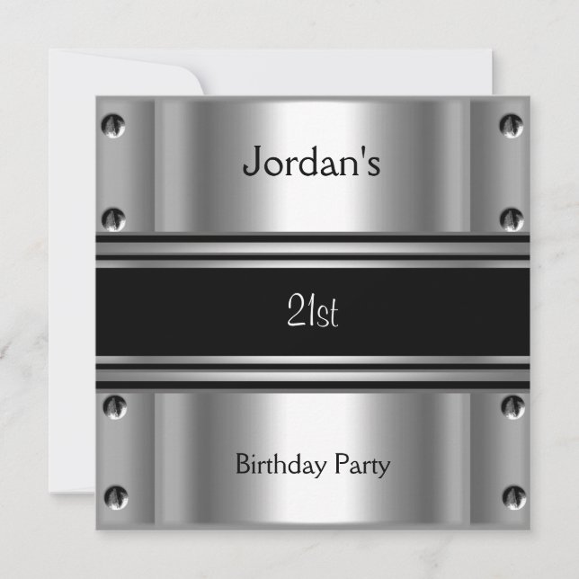 Invitación Hombres 21ª Fiesta de cumpleaños Metalizado Plata  (Anverso)