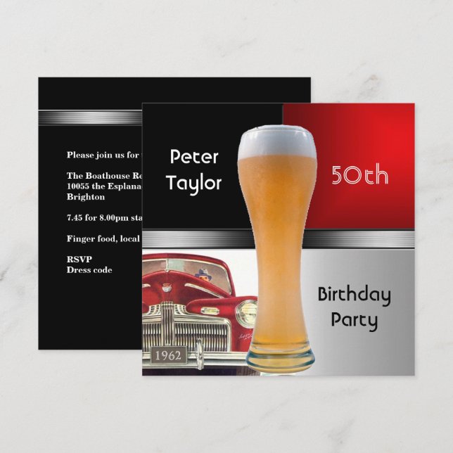 Invitación Hombres 50° 1962 Cumpleaños Cerveza roja Retro de  (Anverso / Reverso)