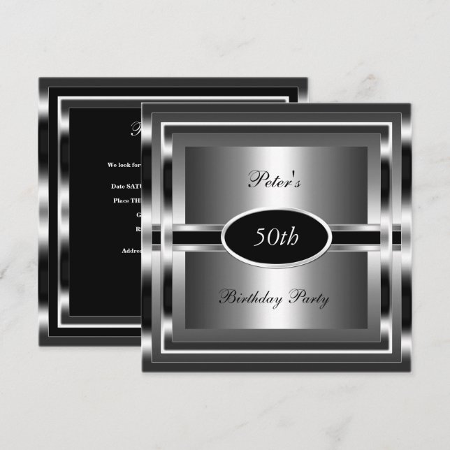 Invitación Hombres 50 años fiesta de cumpleaños Plata negra (Anverso / Reverso)