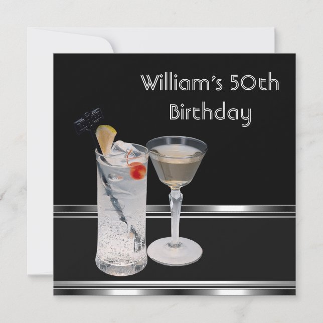 Invitación Hombres 50° cumpleaños fiesta de bebidas de plata  (Anverso)