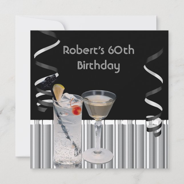 Invitación Hombres 60 cumpleaños fiesta de los negros bebidas (Anverso)