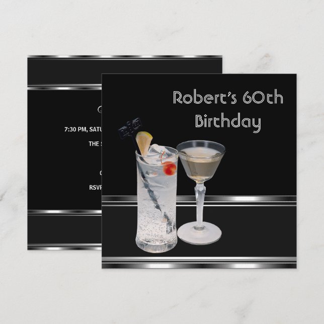 Invitación Hombres 60. Fiesta de cumpleaños Bebidas de plata  (Anverso / Reverso)