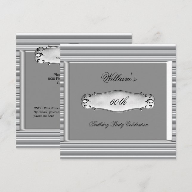 Invitación Hombres 60° Fiesta de Cumpleaños Hombres Metalizad (Anverso / Reverso)